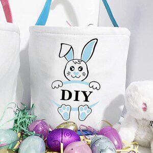 Easter Bunny Canvas Tote 10" Basket New Personalize Front Polka Dot Interior
